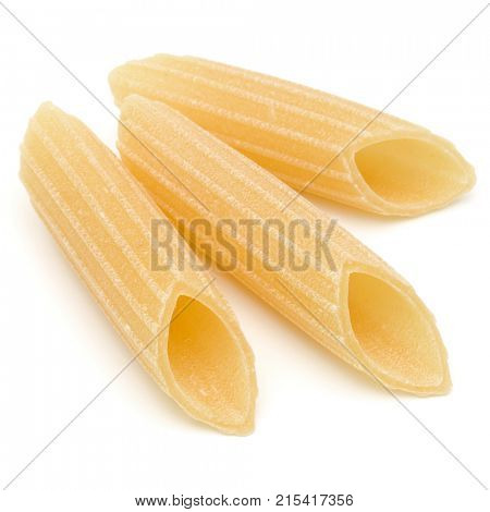 Italian pasta isolated on white background. Pennoni. Penne rigate.