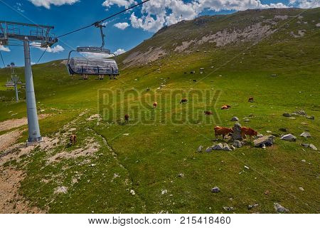 GODERDZI, ADJARA REGION, GEORGIA - 08 AUGUST 2017: New Cableway over majestic Adjaran mountain landscapes near Khulo village