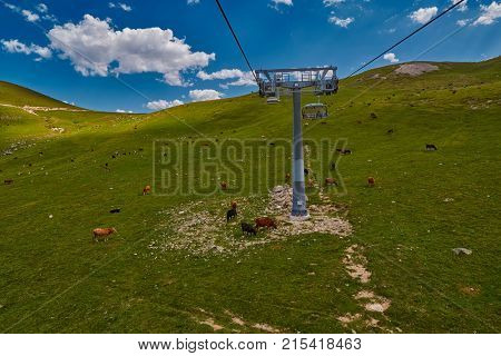 GODERDZI, ADJARA REGION, GEORGIA - 08 AUGUST 2017: New Cableway over majestic Adjaran mountain landscapes near Khulo village