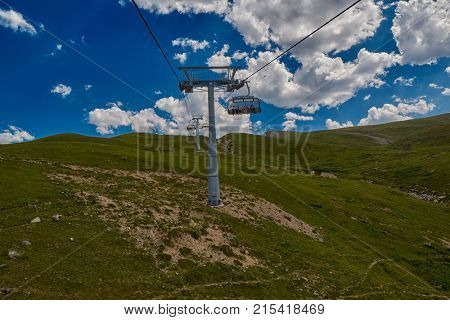 GODERDZI, ADJARA REGION, GEORGIA - 08 AUGUST 2017: New Cableway over majestic Adjaran mountain landscapes near Khulo village
