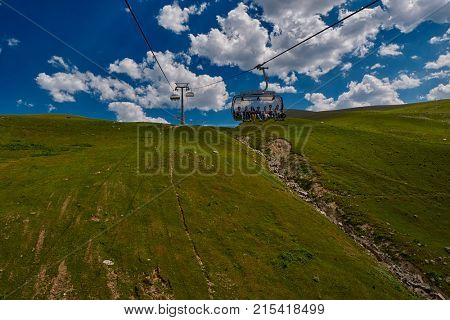 GODERDZI, ADJARA REGION, GEORGIA - 08 AUGUST 2017: New Cableway over majestic Adjaran mountain landscapes near Khulo village