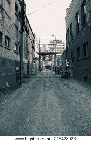 Looking down a long and dirty city alley.