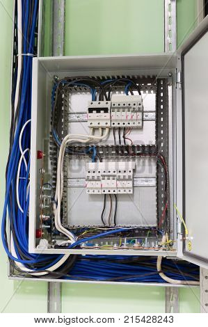 Electric box with wires and mcb micro circuit braker in the ventilation room