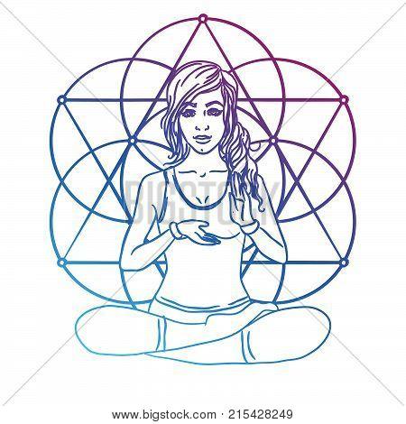 Woman practicing mindfulness meditation she is sitting in the lotus position and she is surrounded by health and wellness concepts