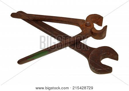 Cutting Pilers And Steel Wrench On A White Background