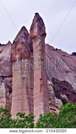 Love Valley Needles Striped, Volcanic Tuff Named Phallic Rock Pillar. Rocky Landscape Of Cappadocia