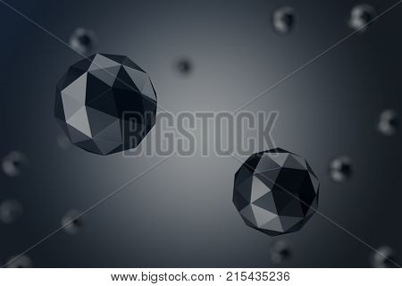 3D Illustration Abstract Background of low polygonal sphere with bokeh effects. Polygonal sphere in black background space. Futuristic Bacgkround for your design