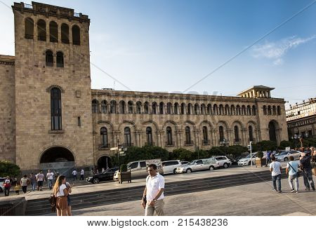 Yerevan Armenia - September 17 2017: Building on Republic Square. Until 2016 this building housed the Ministry of Foreign Affairs of Armenia. Now there is a reconstruction.