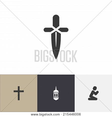 Set Of 4 Editable Religion Icons. Includes Symbols Such As Poniard, Crucifix, Orison And More