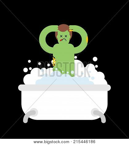 Zombie In Bath Isolated. Green Dead Man Washes. Vector Illustration For Halloween
