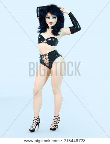 3D sexy girl doll big green eyes and bright makeup. Woman retro style black latex shorts bustier. High heel. Dark hair. Conceptual fashion art. Seductive candid pose. Realistic render illustration.