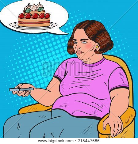Pop Art Fat Woman Watching TV with Remote Controller and Dreaming about Sweet Food. Unhealthy Eating. Vector illustration