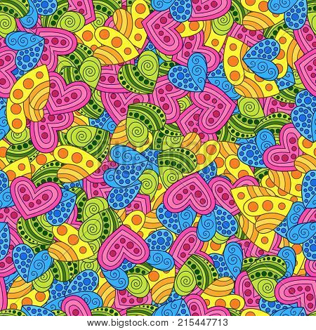 Seamless Pattern of Blue Green Pink Yellow Hand-drawn Hearts. Creative Continued Doodle Ornamental Background.