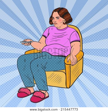 Pop Art Fat Woman Watching TV with Remote Controller. Unhealthy Eating. Vector illustration