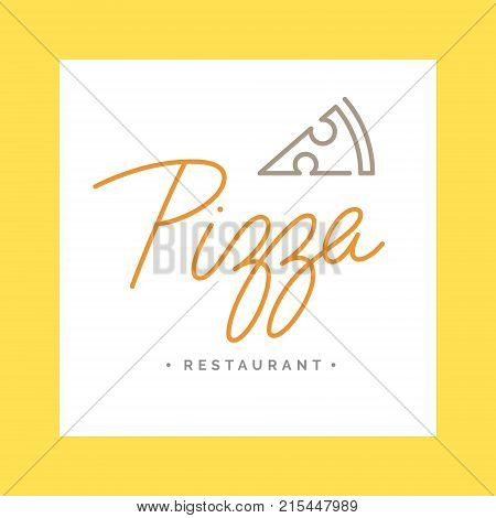 Pizza logo emblem vector inscription. Fastfood signboard. Handmade lettering