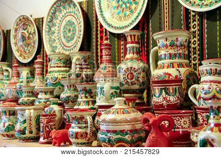 Kosiv town Ivano-Frankivsk region/ Ukraine. 26 October 2017: diversity of souvenirs made by Kosiv potters on the shelves. 26 October 2017 Kosiv town Ivano-Frankivsk region / Ukraine.