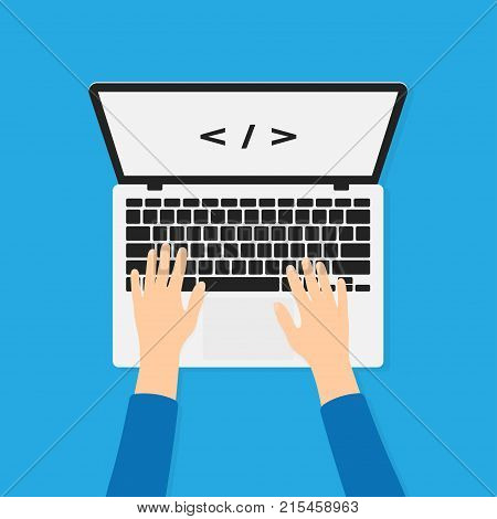 Developer programmer working with laptop and typing code. Programming and coding background concept. Hands on laptop in top view. Vector