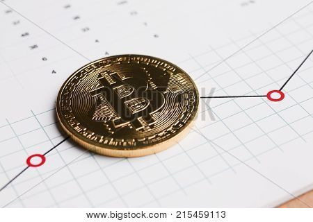 Coin crypto currency bitcoin against the background of a changing chart subject gold exchange pyramid for money in connection with the growth or fall exchange rate closeup.