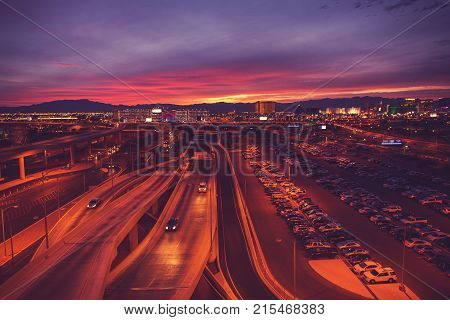 City of Las Vegas Nevada at Dusk. Vegas Strip and the Airport Area Right After Scenic Sunset.
