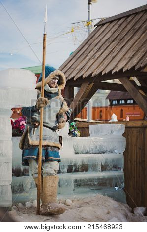 Russia. Moscow.Red square 26 Feb 2017. Carnival Maslenica . warrior winter guards an ice fortress