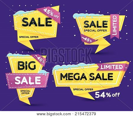Christmas and New Year's sale. Discount and promotion banners. Set of yellow colored stickers and banners. Sale tags with snow caps and icicles. Advertising element. Vector illustration.
