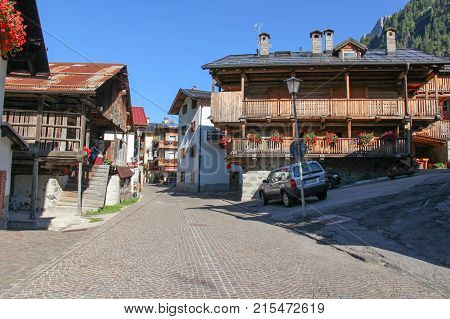 Italy Rocca Pietore - August 26 2016: the view of the typical street in Rocca Pietore on August 26 2016 Veneto Italy.