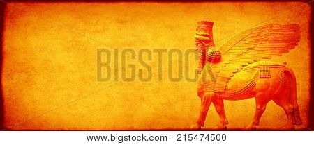 Grunge background with paper texture and lamassu - human-headed winged bull statue, Assyrian protective deity 