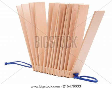 Wooden ethnic musical instruments - ratchet of the plates with two handles, isolated on a white background