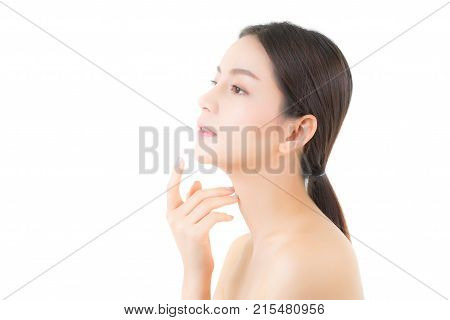 Beautiful girl with makeup woman and skin care concept / attractive asia girl smilling on face isolated on white background.