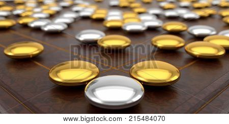 Close up view of traditional asian goban board and weiqi go game. luxury variant. 3d illustration, with depth of field blur effect.
