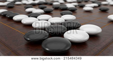 Close up view of traditional asian goban board and weiqi go game. 3d illustration, with depth of field blur effect.