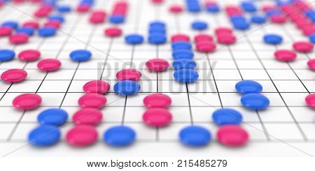 Traditional asian goban board and weiqi go game. male and female themed colors. 3d illustration, with depth of field blur effect.