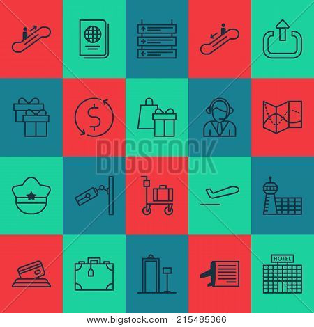 Transportation icons set with moving staircase, money trasnfer, security scanner and other pilot hat elements. Isolated vector illustration transportation icons.