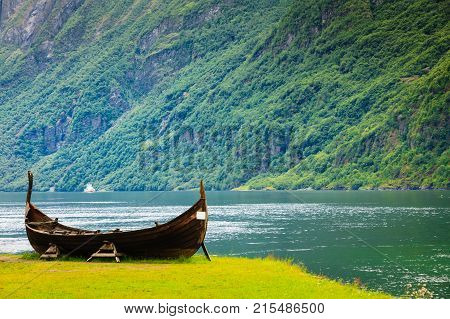 Old Wooden Viking Boat In Norwegian Nature