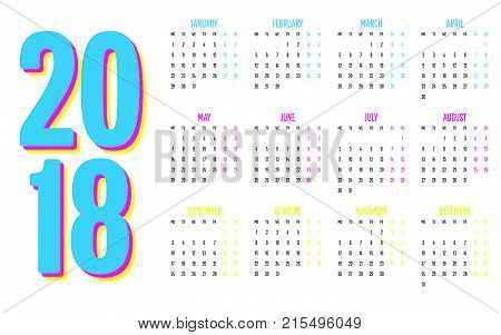 2018 Calendar Design Template Vector Illustration Simple Clear With CMY Color Theme Week Start from Monday