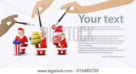 santa clauses with soda, cake and candy. place under your text. vector illustration for your design