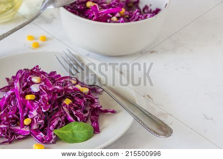 Fresh Red Cabbage Salad With Corn. Vegeterian And Diet Food. Space For Text