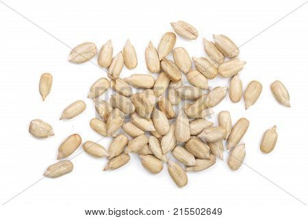 Peeled Sunflower seeds isolated on white background. Top view .