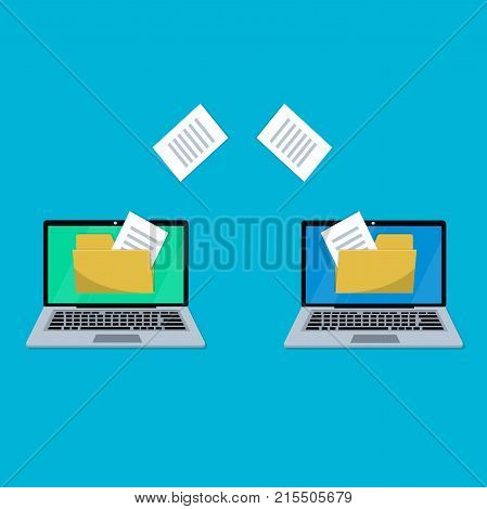 Exchanging files. Copying files between laptops. Illustration of files or documents backup