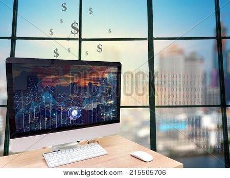 the computer on the wood table in front of the glass window over the blurred photo of cityscape background