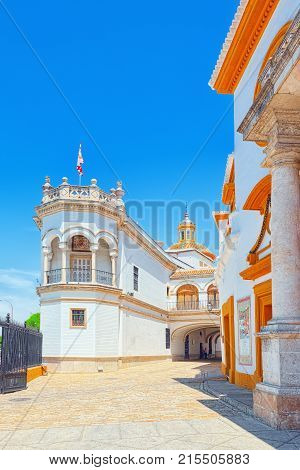 Outdoor View Of Arena On Of Square Of Bulls Royal Maestranza Of Cavalry In Seville. Spain.