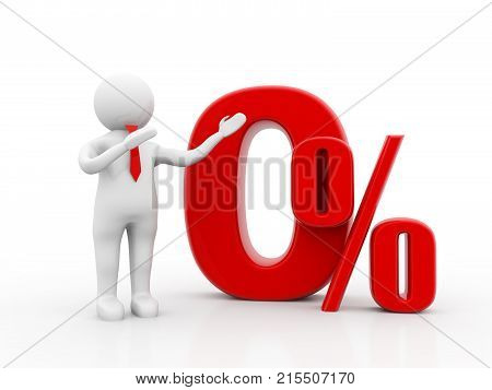 0% Isolated on white background. Man pointing to Zero Percentage. 3d render