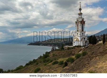 Malorechenskoye, Russia - June 07, 2016: Church-lighthouse of St. Nicholas the Miracle-Worker of Myra in the village of Malorechenskoye on the southern coast of the Crimea