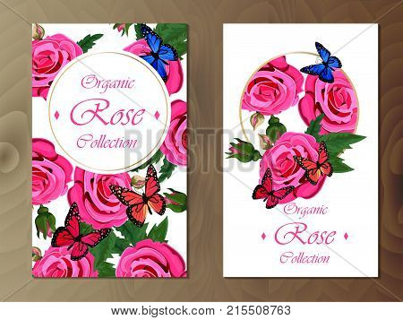 celebration or invitation postcard with roses and butterflies. floral collection. wedding or valentine card design