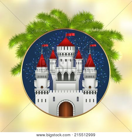 Christmas card with white castle, fireworks and branches of a Christmas tree. Christmas illustration with celebratory elements. White medieval castle with a red roof and red flags on the spiers