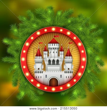 Christmas card with white castle, fireworks and branches of a Christmas tree. Christmas illustration with celebratory elements. White medieval castle with a red roof and red flags on the spiers