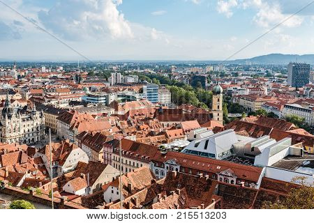 Graz, Austria - August 11, 2017: High angle view of cityscape of Graz from Schlossberg,