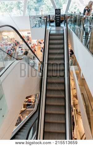 Graz, Austria - August 11, 2017: Interior view of escalators in shopping center in Graz