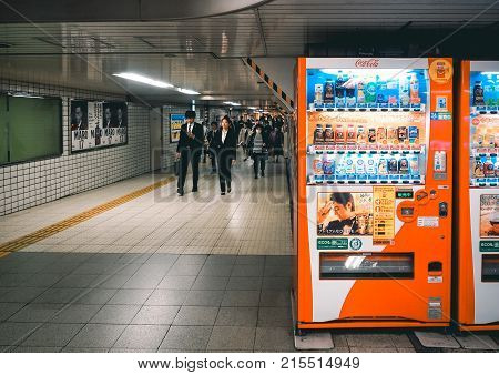 OSAKA, Japan - April 4, 2017 : Vending machines with drinks in the underground location. Numba, Osaka