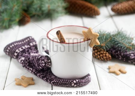 Cocoa Or Hot Chocolate With Cinnamon And Gingerbread On A Background With Mittens, Fir Branches And